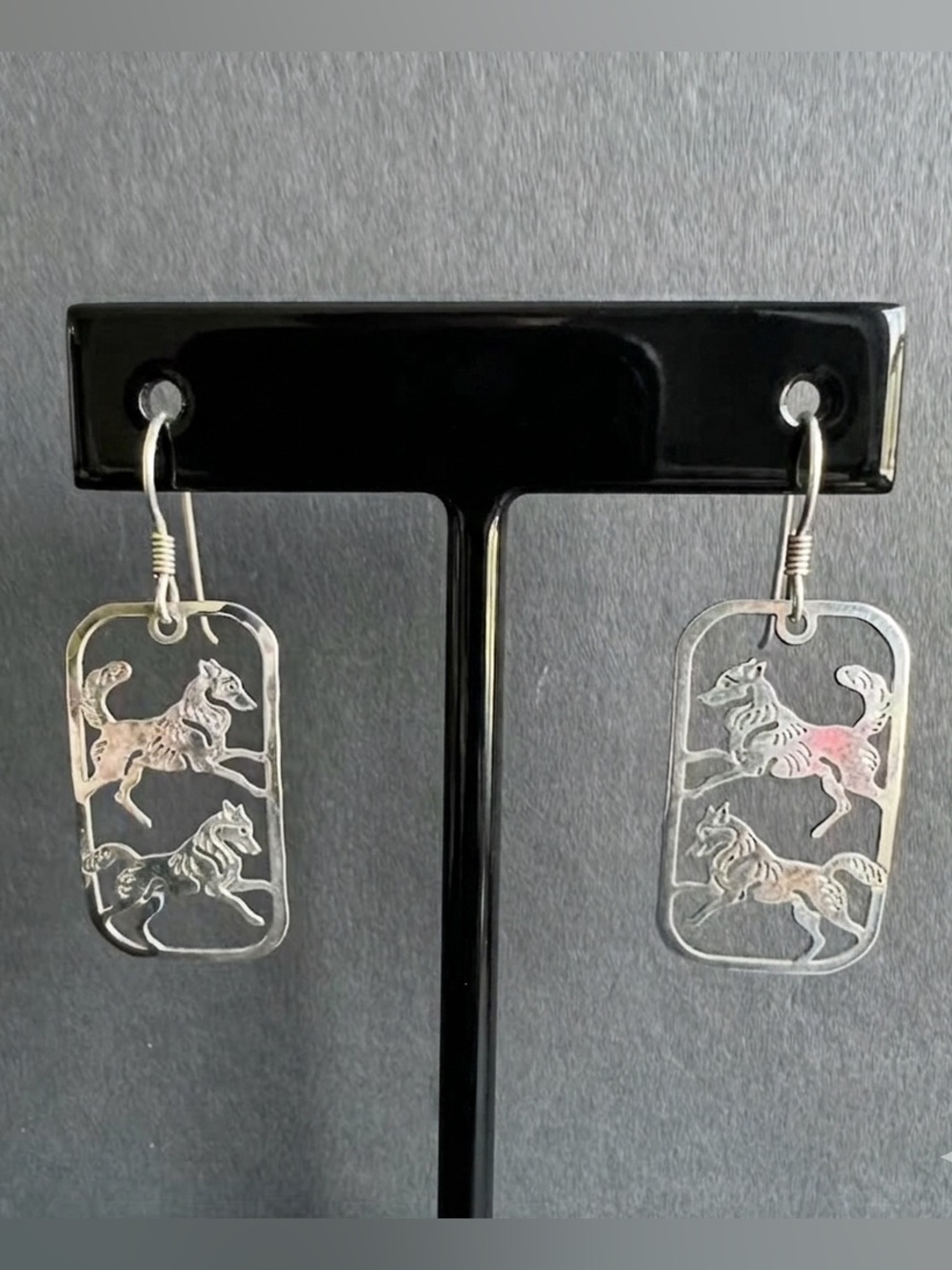 Vintage Wild Bryde Silver Cutout Dangle Earrings Running Wolf Hound Canine